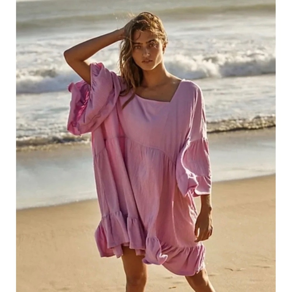 Free People El Mar FP Beach Lavender Purple Ruffle Tiered Mini Dress XS Coverup